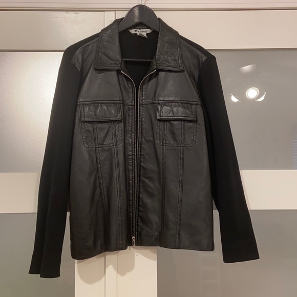 Leather front zip up sweater jacket - Picture 1 of 5